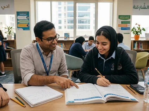 Professional tutor helping high school student with math in classroom