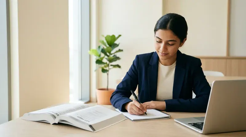 Focused university-age student studying at a modern desk with an open book, notebook and laptop